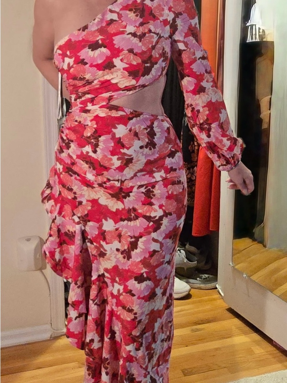Floral One-Shoulder Cutout Maxi Skirt - Pink Floral